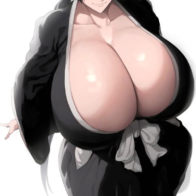 bleach, oc, original character, manah (artist), 1girls, alternate breast size, big breasts, black hair, blue eyes, breasts, breasts bigger than head, cleavage, curvaceous, curvaceous body, curvaceous female
