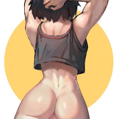 kill la kill, matoi ryuuko, wersman, 1girls, arms up, ass, back view, black hair, crop top, female, pussy, simple background, solo, standing, toned