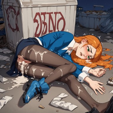 gwen tennyson, gwen tennyson (alien force), after rape, after sex, broken rape victim, bukkake, crying, cum in pussy, dumpster, exposed pussy, fully clothed, night, on side, orange hair, pantyhose
