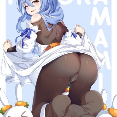 hololive, pekomama, artist request, 1girls, animal ears, ass, back, bare back, blue hair, bunny ears, feet, feet in stockings, female, female only, foot fetish