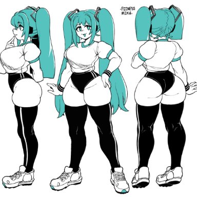 hatsune miku, dizzyspells, big ass, big breasts, blue hair, breasts, huge ass, kneehighs, simple background, sportswear, thick thighs, thigh highs, twintails, white background