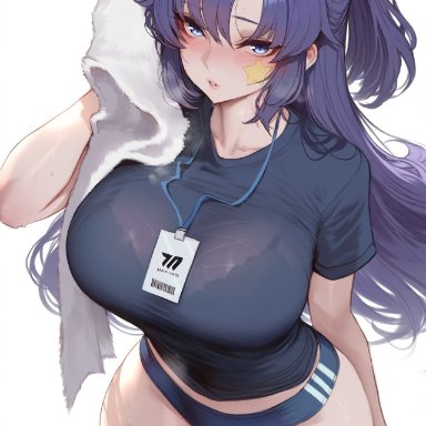 blue archive, yuuka (blue archive), mocase, 1girls, blue eyes, blue hair, booty shorts, breasts, eyebrows visible through hair, female, gym clothes, gym uniform, hips, huge breasts, light skin