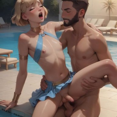 anal, anal sex, blonde femboy, blonde hair, costume party, femboy, harem, harem jewelry, harem outfit, penis, penis in ass, pool, pool party, short hair, slim